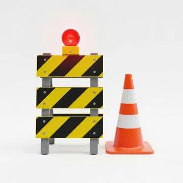 Road Construction Barrier with Warning Light and Traffic Cone Illustrazione stock