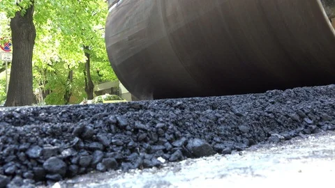 Road Construction. Compactor roller at asphalting work, close up Stock Footage 89154720