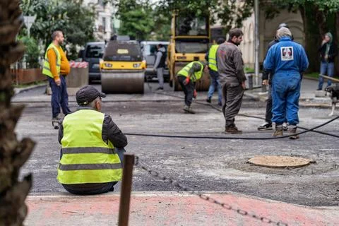 Road construction crew preparing asphalt paving in batumi Stock Photos