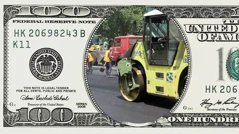 Road construction in frame of 100 dollar bill Stock Footage 96394837