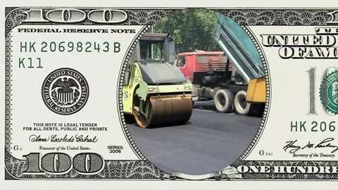 Road construction in frame of 100 dollar bill Stock Footage 96394878