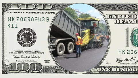 Road construction in frame of 100 dollar bill Stock Footage 96394913