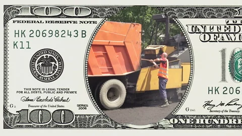 Road construction in frame of 100 dollar bill Stock Footage 96394950