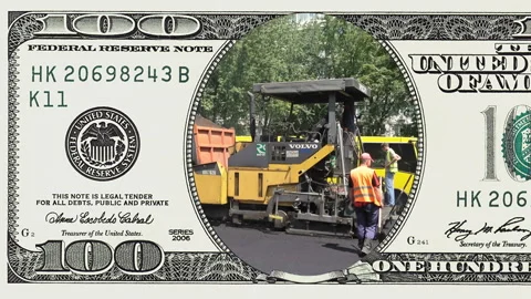 Road construction in frame of 100 dollar bill Stock Footage 96394997