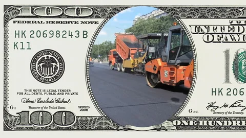 Road construction in frame of 100 dollar bill Stock Footage 96395080