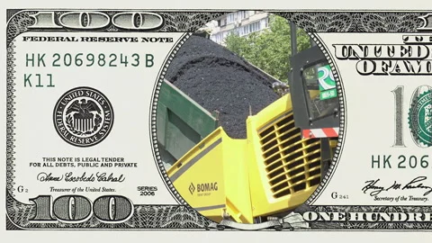 Road construction in frame of 100 dollar bill 스톡 동영상 96395209