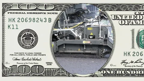 Road construction in frame of 100 dollar bill Stock Footage 96395460