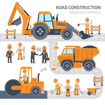 Road construction infographic elements vector flat design. Construction, workers Illustrazione stock