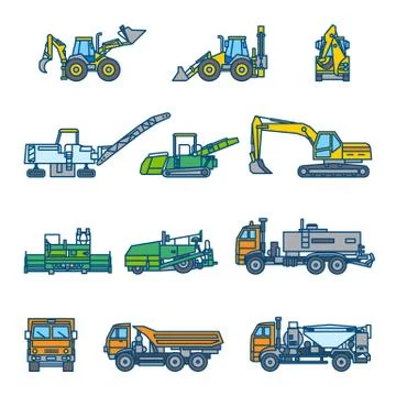 Road construction machines. Color vector illustration. Icon style set Stock Illustration