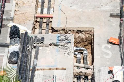 Road construction with pipes. Stock Photos