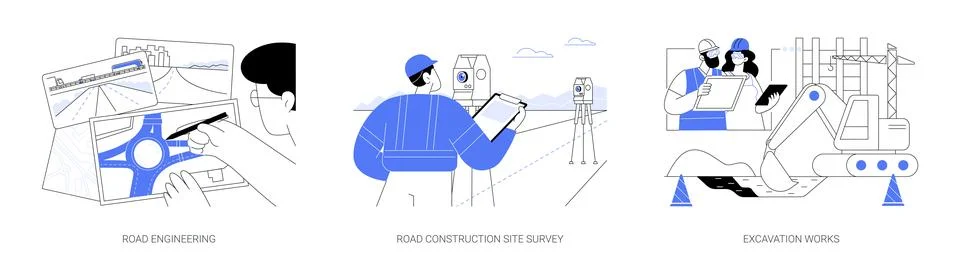 Road construction process abstract concept vector illustrations. Stock Illustration