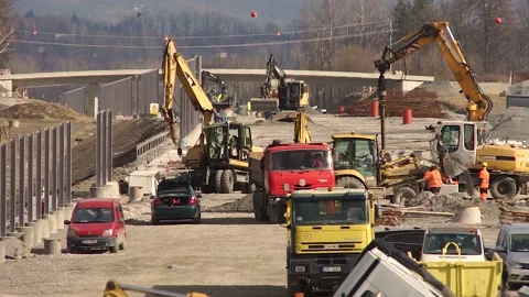 Road Construction Project On Highway with Heavy Machinery Stock Footage 150499937