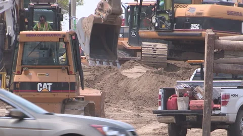 Road construction in the summer for new road and transit line. Stock Footage 49896953