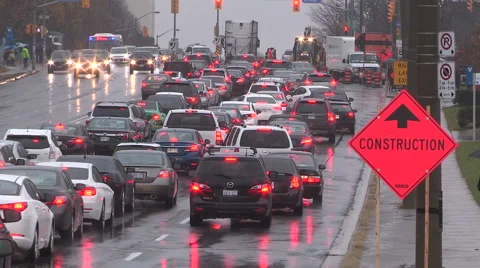 Road construction traffic jam and gridlock Toronto Stock Footage 56860982
