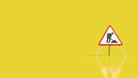 Road Construction Warning Sign on Bright Yellow Background 3d render. Stock Illustration