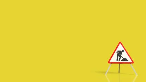 Road Construction Warning Sign on Bright Yellow Background 3d render. Stock Illustration