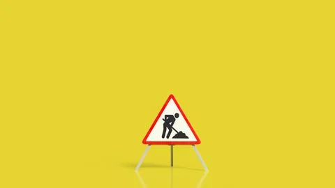 Road Construction Warning Sign on Bright Yellow Background 3d render. Stockillustratie