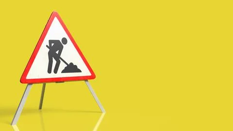 Road Construction Warning Sign on Bright Yellow Background 3d render. Stock Illustration