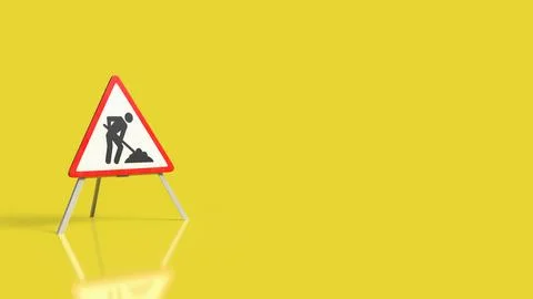 Road Construction Warning Sign on Bright Yellow Background 3d render. Stock Illustration