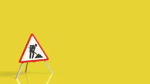 Road Construction Warning Sign on Bright Yellow Background 3d render. Stock Illustration