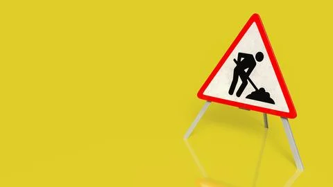 Road Construction Warning Sign on Bright Yellow Background 3d render. Stock Illustration