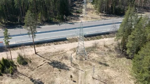 Road construction work. Shooting from the air on a drone road with a new asphalt Stock-Footage 141159632