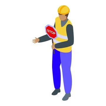 Road construction worker holding stop sign isometric icon Stock Illustration