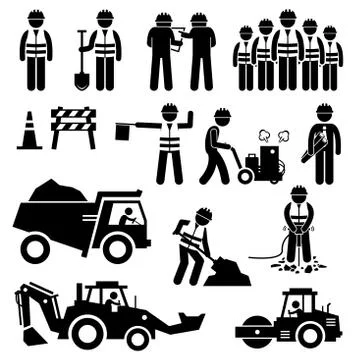 Road Construction Worker Stick Figure Pictogram Icons Illustrazione stock