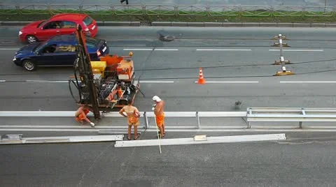 Road construction workers aerial view Stock Footage 20613465