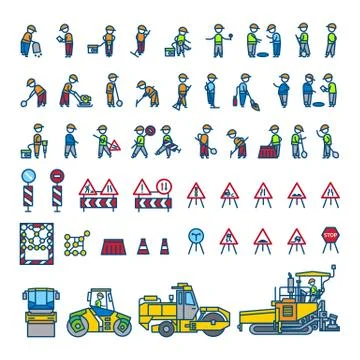 Road construction workers in different action poses, machines and signs. Color Stock Illustration