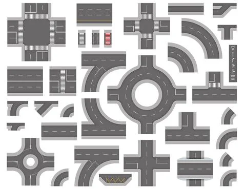 Road constructor top view. Set of road elements with roundabouts, tunnels.City Stock Illustration