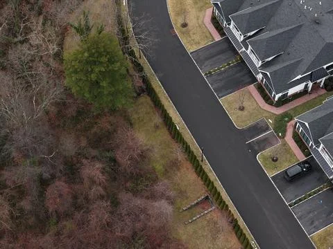 Road Corner Framed by Leafless Trees in an Aerial View Stock-Fotos
