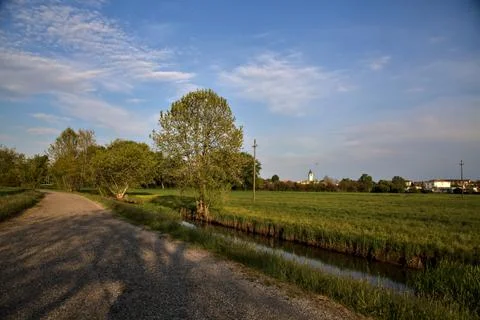 Road in the countryside at sunset bordered by a stream of water Stock Photos