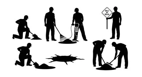 Road Crew Patching Pothole Silhouettes Stock Illustration