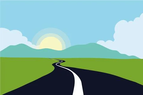 The road that cuts through green fields, mountains and sunshine in the morning. Stock Illustration