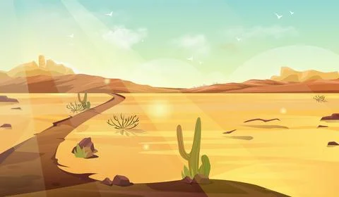 Road in desert background. Sand with cactus. Terrain and sunset in desert area Stock Illustration
