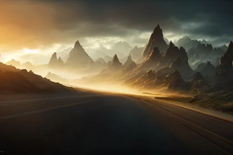Road in a desert mountainous area with thick fog and bright sunlight Stock Illustration