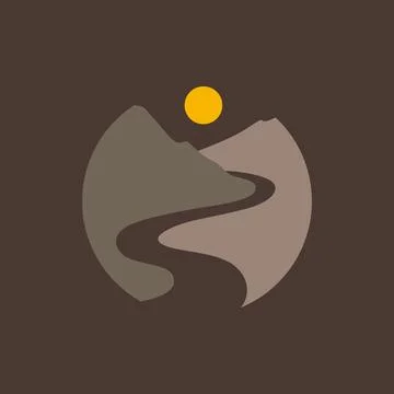 Road with desert peak sunset circle minimal simple clean colorful logo desi.. Stock Illustration