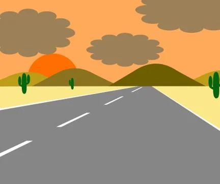 Road desert sunset Stock Illustration