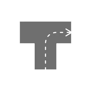 Road with direction, intersection, turn right grey icon. Stock Illustration