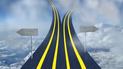 Road divided into two and one goes upward to sky and another to ground with c Stock Photos