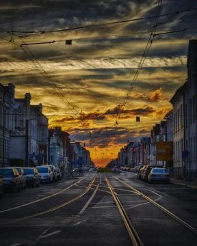 Road of dramatic sunset and beautiful clouds pattern with sky. Schwerin Stock Photos