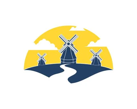 Road to farm field with wind mill and sunset behind Stock Illustration