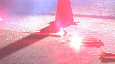Road flares with cones Stock Footage
