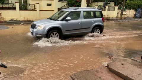 Road flooded by heavy rain Stock Footage 158944694