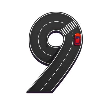 Road font number 9 of asphalt street turn with car Stock Illustration