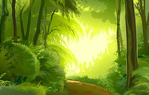 Road in the forest landscape. Vector. Beautiful view, green deciduous trees, Stock Illustration