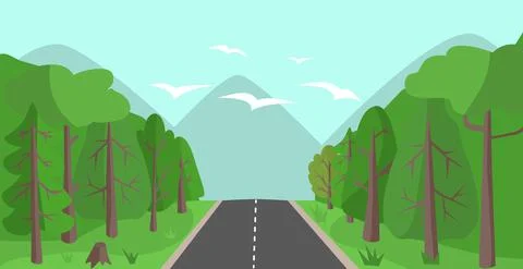 Road in the forest. Mountains landscape vector illustration. Stock Illustration