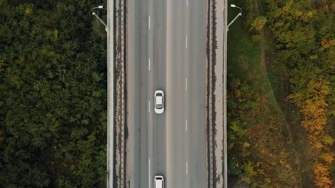 Road in the forest top view close-up. City traffic on the bridge, aerial footage Stock Footage 109058143
