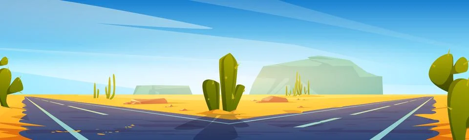 Road fork in desert with sand and cacti, highway Stock Illustration